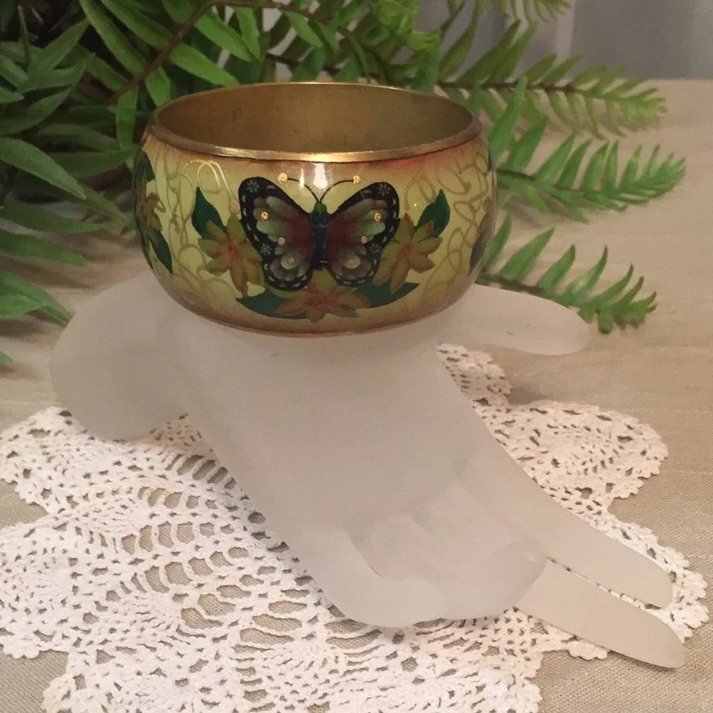 Vintage Floral And Butterfly Enameled Brass Bracelet - Picture 3 of 13